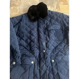 Honors Womens Navy Blue Diamond Quilted Barn Jacket Faux Fur Collar Large L